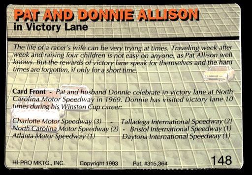 Pat and Donnie Allison 1993 Action Packed Base Back of Card