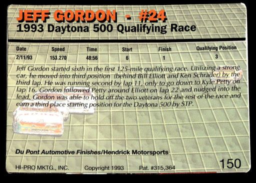 Jeff Gordon 1993 Action Packed Base Back of Card