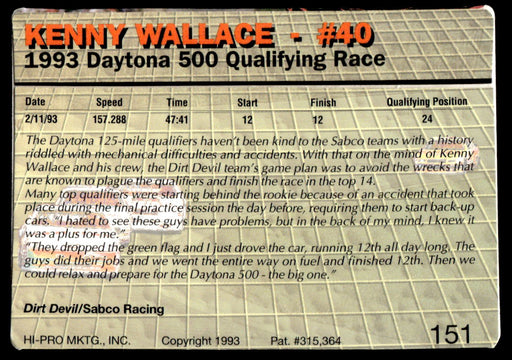 Kenny Wallace 1993 Action Packed Base Back of Card