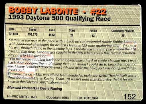 Bobby Labonte 1993 Action Packed Base Back of Card