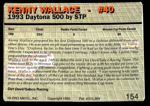 Kenny Wallace 1993 Action Packed Base Back of Card