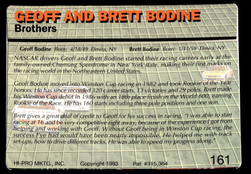 Geoff and Brett Bodine 1993 Action Packed Base Back of Card