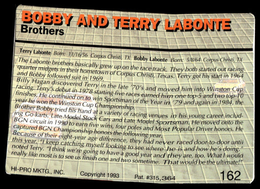 Bobby and Terry Labonte 1993 Action Packed Base Back of Card
