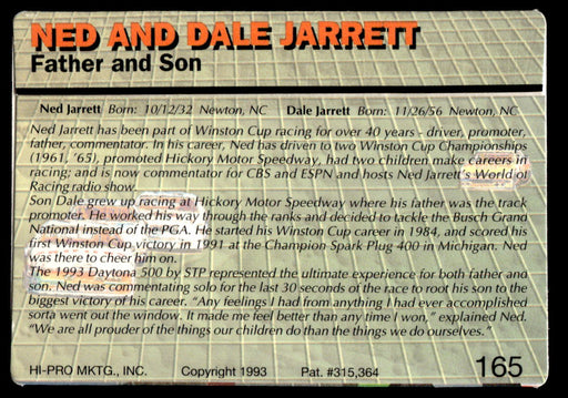 Dale and Ned Jarrett 1993 Action Packed Base Back of Card