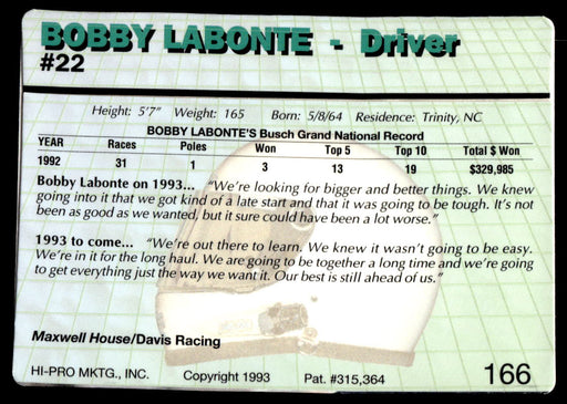 Bobby Labonte 1993 Action Packed Base Back of Card