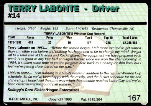 Terry Labonte 1993 Action Packed Base Back of Card
