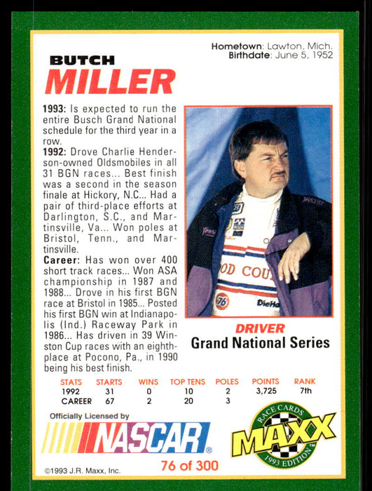 76 Racing Card Butch Miller 1993 Maxx Race Cards # 76 Base — Collectible Craze America
