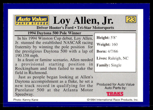 Loy Allen Jr. 1994 Traks Auto Value Parts Stores Collector Cards Base Back of Card