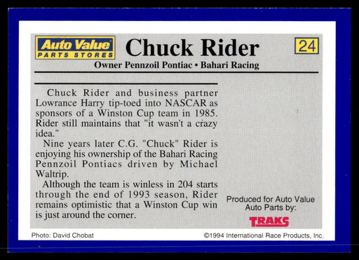 Chuck Rider 1994 Traks Auto Value Parts Stores Collector Cards Base Back of Card