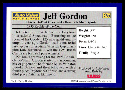 Jeff Gordon 1994 Traks Auto Value Parts Stores Collector Cards Base Back of Card