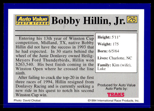Bobby Hillin Jr. 1994 Traks Auto Value Parts Stores Collector Cards Base Back of Card