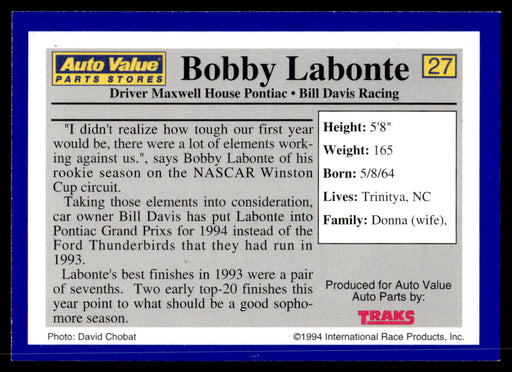 Bobby Labonte 1994 Traks Auto Value Parts Stores Collector Cards Base Back of Card