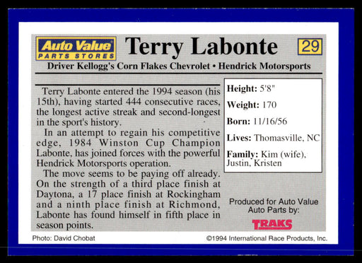 Terry Labonte 1994 Traks Auto Value Parts Stores Collector Cards Base Back of Card