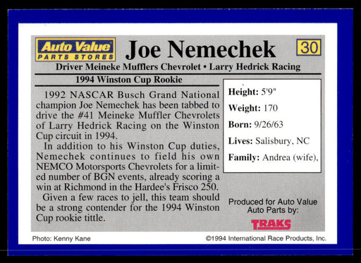 Joe Nemechek 1994 Traks Auto Value Parts Stores Collector Cards Base Back of Card