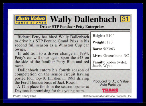 Wally Dallenbach 1994 Traks Auto Value Parts Stores Collector Cards Base Back of Card
