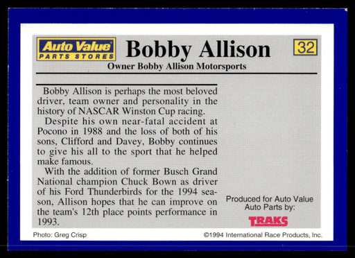 Bobby Allison 1994 Traks Auto Value Parts Stores Collector Cards Base Back of Card