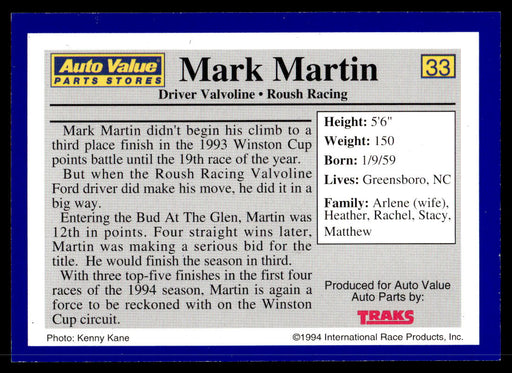 Mark Martin 1994 Traks Auto Value Parts Stores Collector Cards Base Back of Card