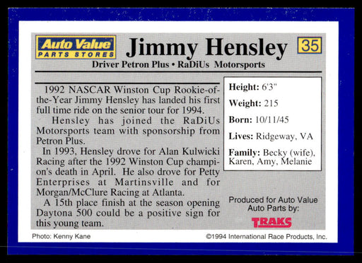 Jimmy Hensley 1994 Traks Auto Value Parts Stores Collector Cards Base Back of Card