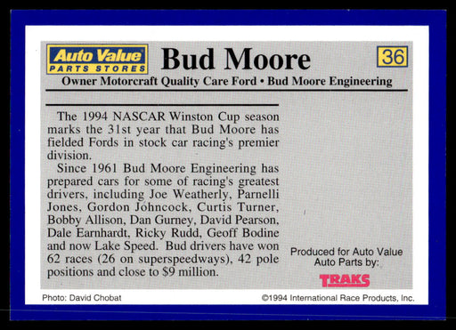 Bud Moore 1994 Traks Auto Value Parts Stores Collector Cards Base Back of Card