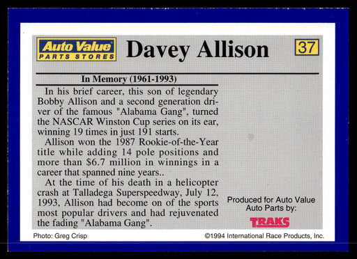 Davey Allison 1994 Traks Auto Value Parts Stores Collector Cards Base Back of Card