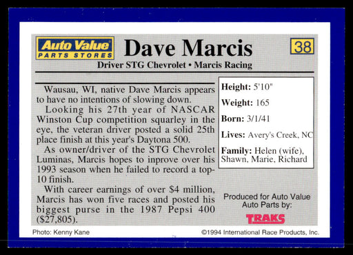 Dave Marcis 1994 Traks Auto Value Parts Stores Collector Cards Base Back of Card