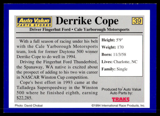 Derrike Cope 1994 Traks Auto Value Parts Stores Collector Cards Base Back of Card