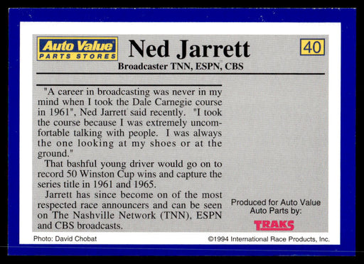 Ned Jarrett 1994 Traks Auto Value Parts Stores Collector Cards Base Back of Card