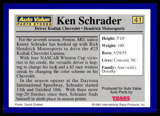 Ken Schrader 1994 Traks Auto Value Parts Stores Collector Cards Base Back of Card