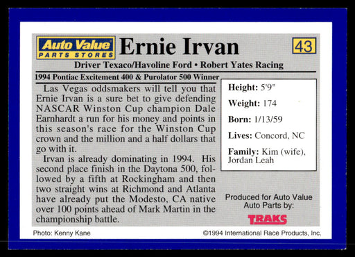 Ernie Irvan 1994 Traks Auto Value Parts Stores Collector Cards Base Back of Card