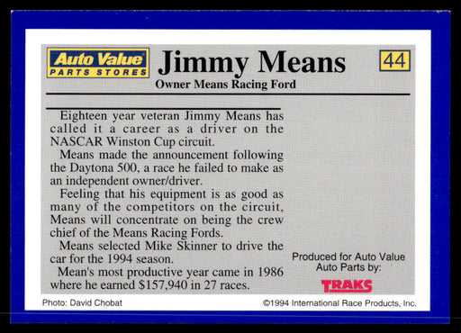 Jimmy Means 1994 Traks Auto Value Parts Stores Collector Cards Base Back of Card