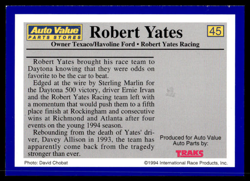 Robert Yates 1994 Traks Auto Value Parts Stores Collector Cards Base Back of Card