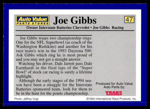 Joe Gibbs 1994 Traks Auto Value Parts Stores Collector Cards Base Back of Card