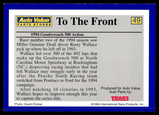 To The Front 1994 Traks Auto Value Parts Stores Collector Cards Base Back of Card