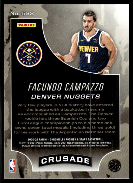 Facundo Campazzo 2020 Panini Chronicles Basketball Crusade Back of Card