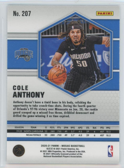 2020 Panini Mosaic Basketball # 207 Cole Anthony RC Orlando Magic - Collectible Craze America