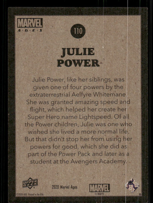 Julie Power 2020 Upper Deck Marvel Ages Base Back of Card