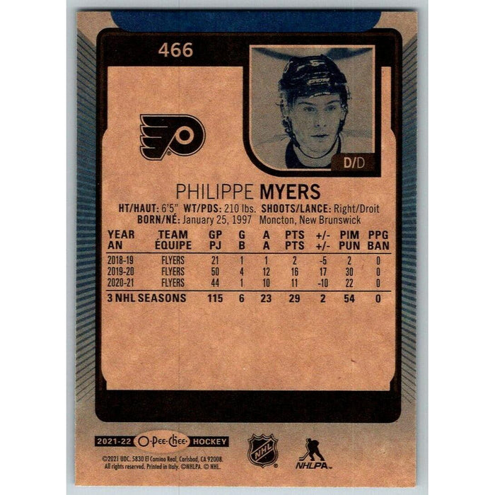2021-22 O-Pee-Chee Blue Border (UD OPC) Philippe Myers Philadelphia Flyers #466 - Collectible Craze America