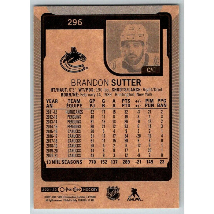 2021-22 O-Pee-Chee (Upper Deck OPC) Brandon Sutter Vancouver Canucks #296 - Collectible Craze America