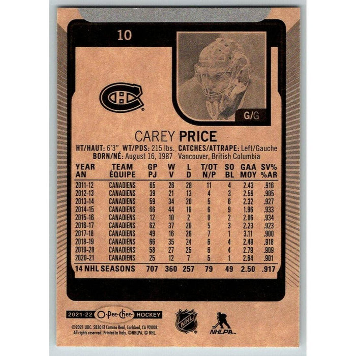 2021-22 O-Pee-Chee (Upper Deck OPC) Carey Price Canada #10