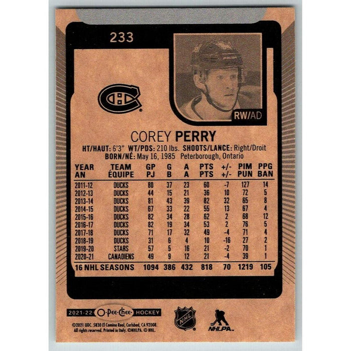 2021-22 O-Pee-Chee (Upper Deck OPC) Corey Perry Montreal Canadiens #233 - Collectible Craze America