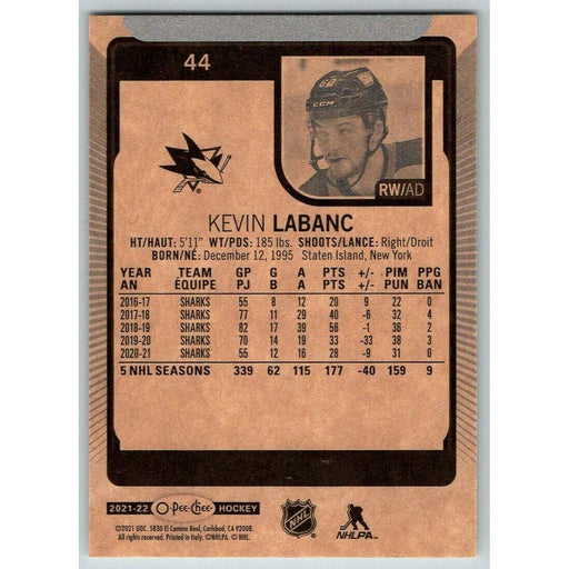2021-22 O-Pee-Chee (Upper Deck OPC) Kevin Labanc San Jose Sharks #44 - Collectible Craze America