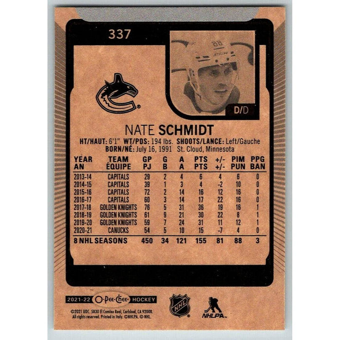 2021-22 O-Pee-Chee (Upper Deck OPC) Nate Schmidt Vancouver Canucks #337 - Collectible Craze America