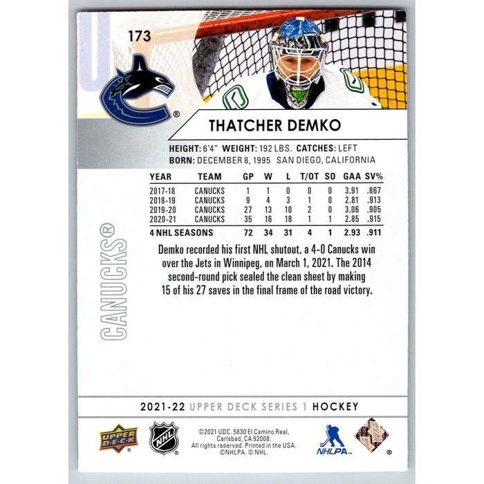 2021-22 UD Hockey Series 1 Thatcher Demko Vancouver Canucks #173 - Collectible Craze America
