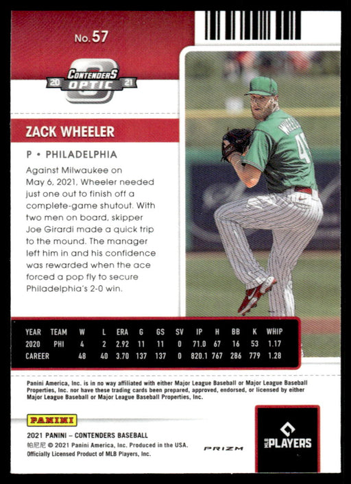 Zack Wheeler 2021 Panini Contenders Baseball Green Wave Prizm Back of Card