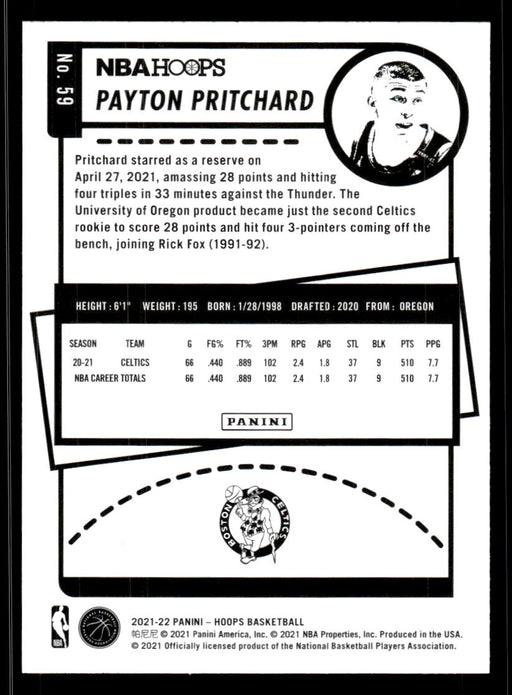 Payton Pritchard 2021 Panini NBA Hoops Blue Back of Card