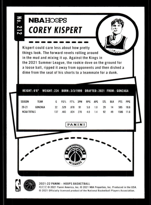 Corey Kispert 2021 Panini NBA Hoops Blue Back of Card