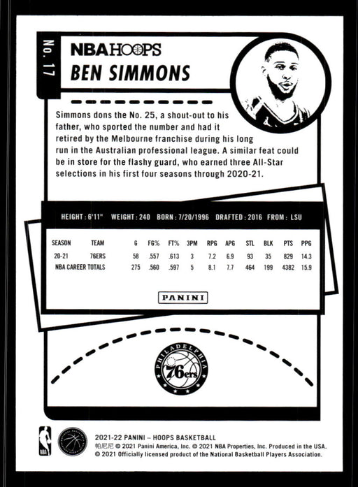 Ben Simmons 2021 Panini NBA Hoops Purple Back of Card