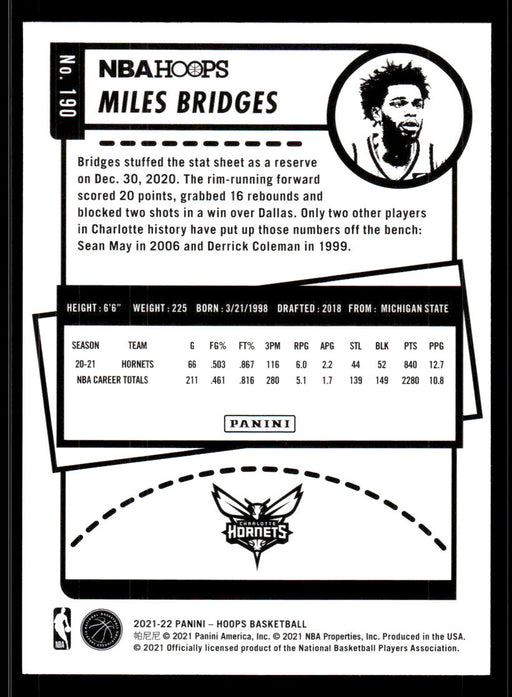 Miles Bridges 2021 Panini NBA Hoops Purple Back of Card
