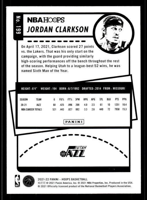 Jordan Clarkson 2021 Panini NBA Hoops Purple Back of Card