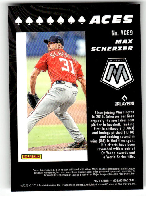 Max Scherzer 2021 Panini Mosaic Baseball Aces Back of Card